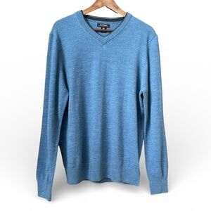 Isaac Mizrahi 100% Extrafine Merino Wool Sweater Large Blue V-neck Pullover Knit